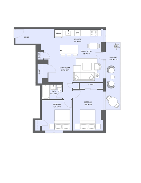 Floor plan for 2 beds, 1 bath, 841 sqft